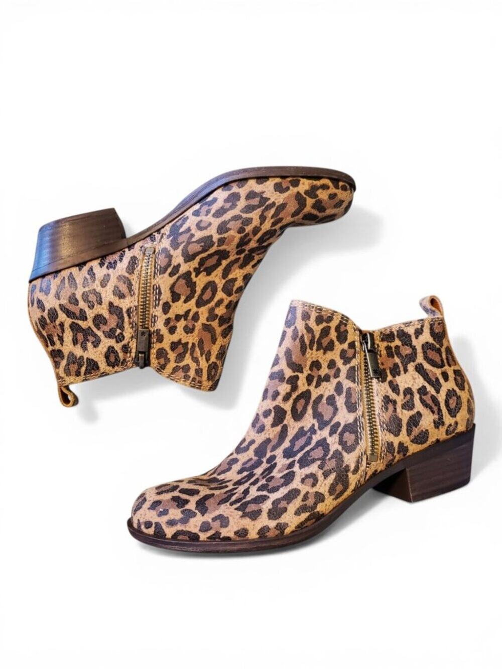 Lucky Brand Basel Low Cut Almond-Toe Ankle Booties Leather Animal Print Size 7